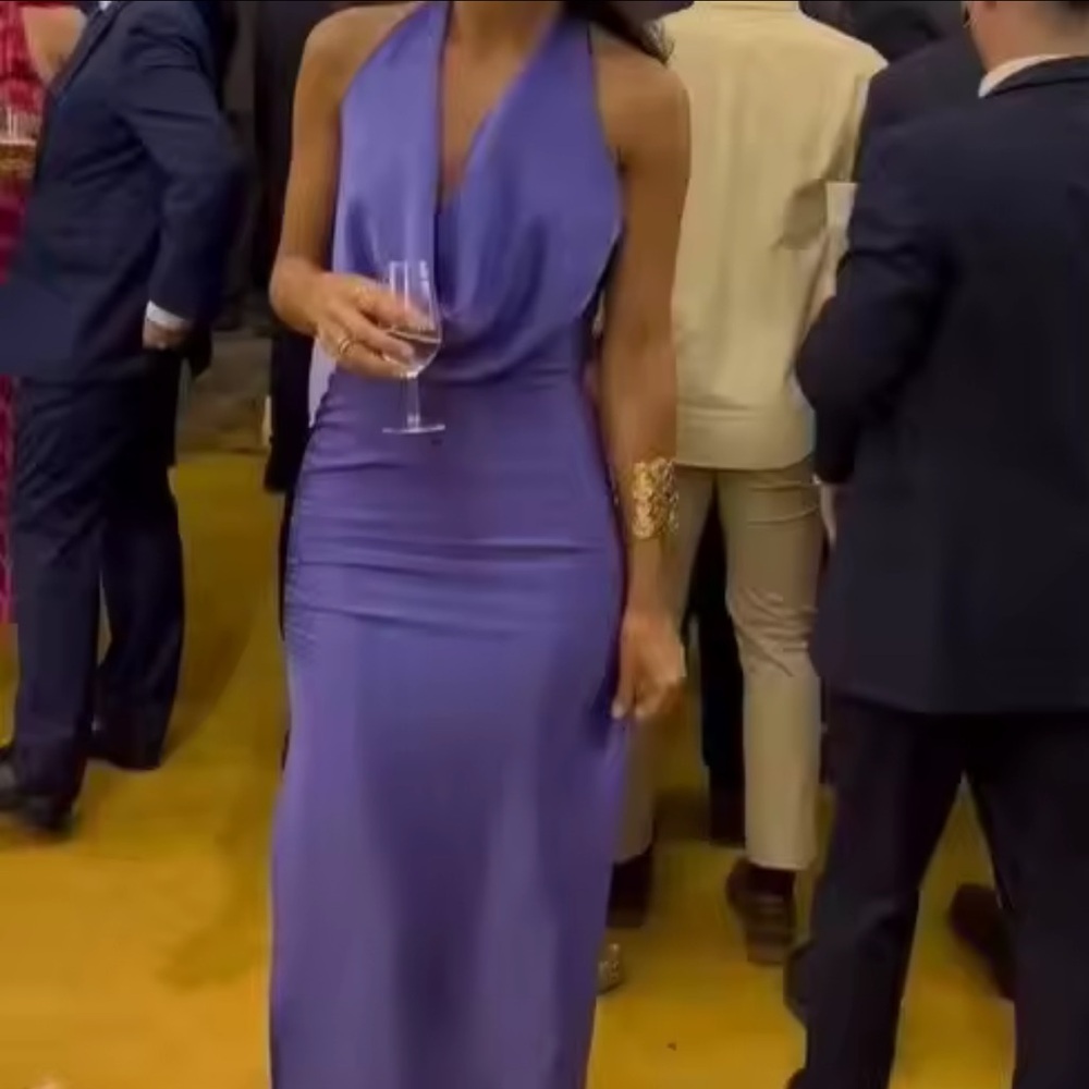 Purple satin cowl halter neck dress
